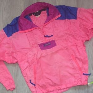 Columbia M Windbreaker Retro Neon Color block Pull String Bottom Jacket Half Zip